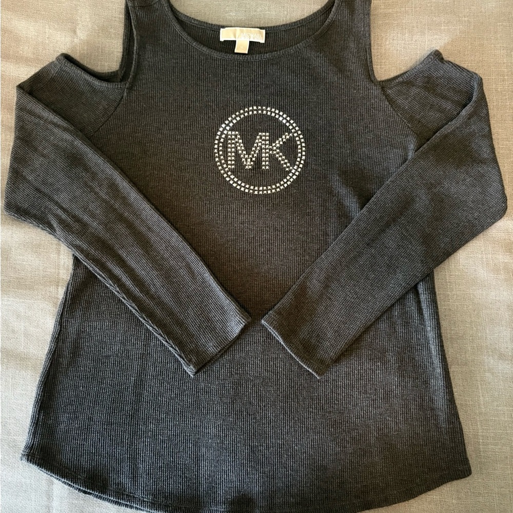 Gray Cold Shoulder Top long sleeve women’s with Rhine stud MK Logo